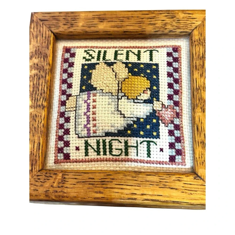 Vtg Angel Silent Night Cross Stitch Wooden Keepsake Trinket Storage Box With Lid
